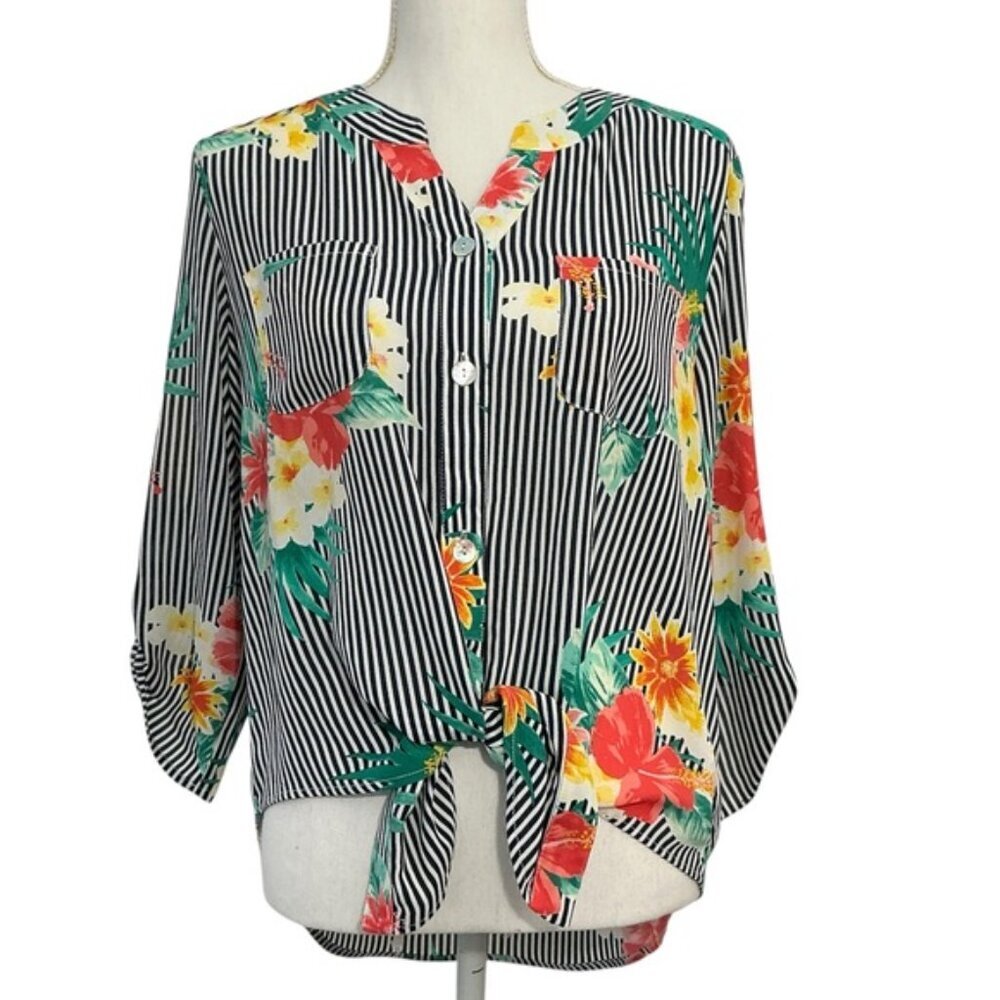 Ruby Rd Tie Up Top High Low 3/4 Sleeve Tropical Black White Stripe Petite Large - Picture 2 of 16